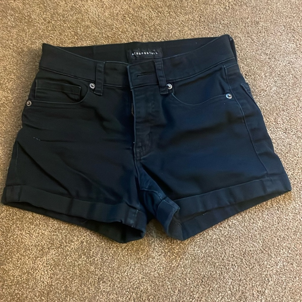 Black, high rise midi Aeropostale denim shorts. Size 0